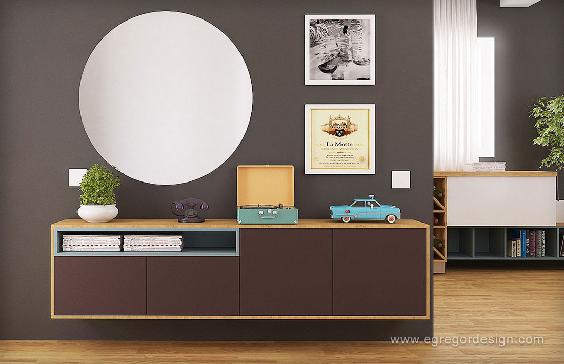 Pal mdf, proiect mobila la comanda, design mobilier hol, oglinda rotunda.
