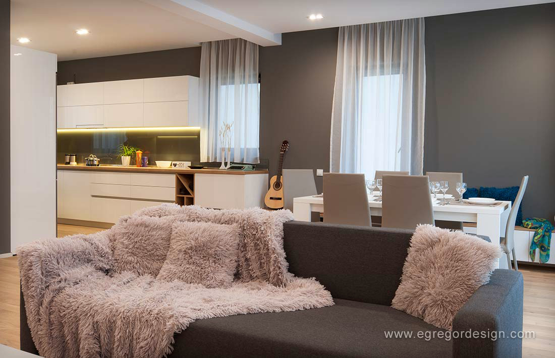 Bucatarie living canapea, mobilier tapitat.